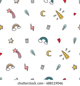 Seamless pattern. Vector illustration of magic elements, unicorn horn, half of Moon, star, crown.