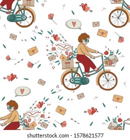 seamless pattern. vector illustration. man in love on valentine's day. girl with a bouquet of flowers rides a bicycle and thinks about love. delivery of letters and gifts.