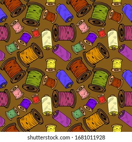 seamless pattern, vector illustration, materials for needlework, threads, needles, buttons, wallpaper and fabric ornament, wrapping paper