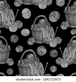 patrón sin fisuras, ilustración vectorial en gris monocromo, cesta con hilos para tejer, bordado, revestimiento para papel y telas, papel para envolver
