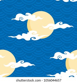 Seamless pattern vector illustration of moon or sun and cloud on chinese wave circle background. Design for Chinese New Year card or background.