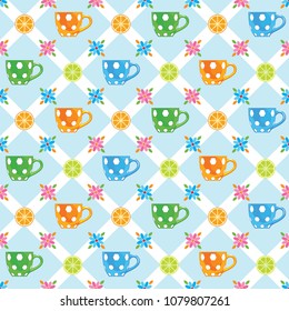 Seamless pattern vector illustration of multi-colored tea cup and lemon to print on a t-shirt and poster