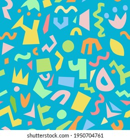 Seamless pattern Vector illustration with Multicolored figures in expressionist style on the blue background