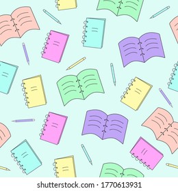 Seamless pattern of vector illustration notebook book pen. Back to school.