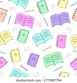 Seamless pattern of vector illustration notebook book pen. Back to school.