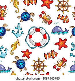 Seamless pattern vector and illustration of ocean, summer, under the sea concept with cute hand drawing cartoons 
