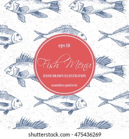 Seamless pattern. Vector illustration of ocean fish, sea bass and sea bream. Isolated hand drawn ink sketch in line art graphic style. Drawing engraved on vintage background. Restaurant menu design