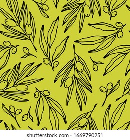 Seamless pattern vector illustration of olive branches, for printing on wallpaper, menus, fabrics, for decoration of a Mediterranean restaurant, packaging of olive oil.