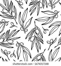 Dibujo vectorial de ramas de olivo, para imprimir en papel pintado, menús, telas, para la decoración de un restaurante mediterráneo, envasado de aceite de oliva.