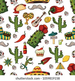 seamless pattern vector illustration on isolated background Mexican design elements cacti, sombrero, and other Mexico country symbols, white background