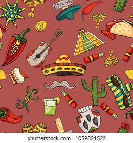 seamless pattern vector illustration on isolated background Mexican design elements cacti, sombrero, and other Mexico country symbols, brown background