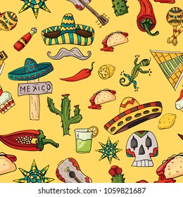 seamless pattern vector illustration on isolated background Mexican design elements cacti, sombrero, and other Mexico country symbols, yellow background