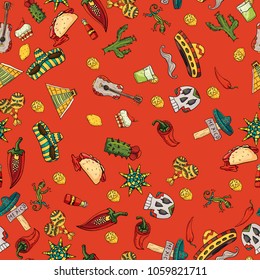 seamless pattern vector illustration on isolated background Mexican design elements cacti, sombrero, and other Mexico country symbols, red background
