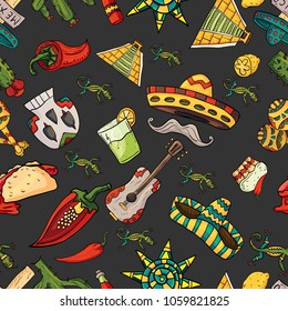 seamless pattern vector illustration on isolated background Mexican design elements cacti, sombrero, and other Mexico country symbols, black background