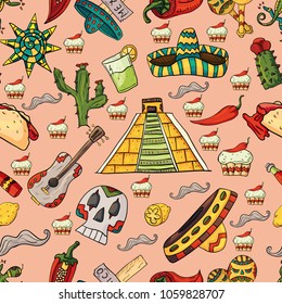 seamless pattern vector illustration on isolated background Mexican design elements cacti, sombrero, and other Mexico country symbols, pink background