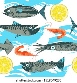 Seamless pattern. Vector illustration on the theme of seafood. Various fish, squid, shrimp and lemon slice. On white background with blue wave.
