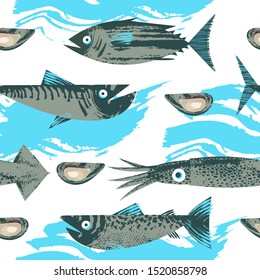 Seamless pattern. Vector illustration on the theme of marine life. Various fish and shellfish