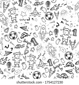 Seamless pattern. Vector illustration on a white background. Pictures of a boy, rockets, stars, a kite, a balloon, a paper airplane, a ship. Doodle style.