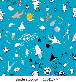 Seamless pattern. Vector illustration on a blue background. Pictures of a boy, rockets, stars, a kite, a balloon, a paper airplane, a ship. Doodle style.