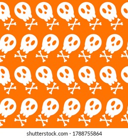 Seamless pattern vector illustration on the theme of halloween. Many white skulls on an orange background.