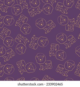 seamless pattern vector illustration orange cartoon lion on a purple background