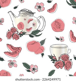 Seamless pattern. Vector illustration of peach, peach slices, flowers, leaves, cup, teapot with peach tea in cute hand drawn style. For printing packaging, cards, designers, clothes, interior