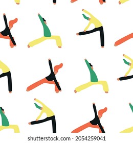 Seamless pattern. Vector illustration with people doing yoga. Cartoon charcter