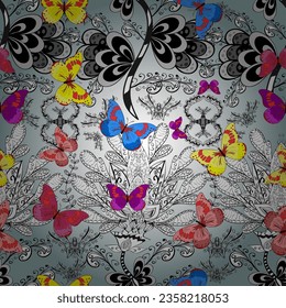 Seamless pattern. Vector illustration. Perfect for web page backgrounds, wallpapers, textile, surface textures. Of watercolor butterflies on neutral, gray and blue background. Vector.