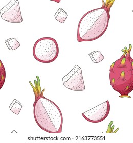 Seamless pattern with vector illustration of pitaya (dragon fruit). Hand-drawn bright illustration for design of fabric, textile, wrapping paper, decoration of menu, card.