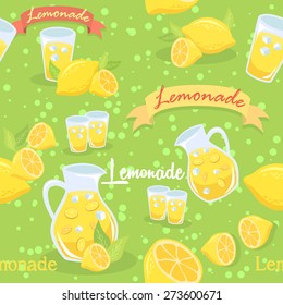 Seamless pattern vector illustration of a pitcher and glass of lemonade, and lemon fruit in green background.