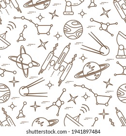 Seamless pattern Vector Illustration Planet Saturn Galaxy constellations Orbital station Radar Space exploration. Astronomy concept Spaceship in universe. Science Huge space Design for app, web, print