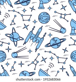 Seamless pattern Vector Illustration Planet Saturn Galaxy constellations Orbital station Radar Space exploration. Astronomy concept Spaceship in universe. Science Huge space Design for app, web, print