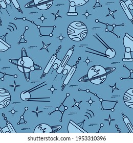 Seamless pattern Vector Illustration Planet Saturn Galaxy constellations Orbital station Radar Space exploration. Astronomy concept Spaceship in universe. Science Huge space Design for app, web, print