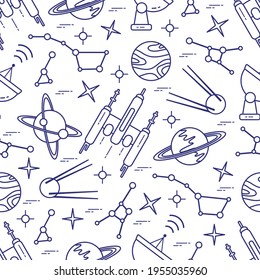 Seamless pattern Vector Illustration Planet Saturn Galaxy constellations Orbital station Radar Space exploration. Astronomy concept Spaceship in universe. Science Huge space Design for app, web, print
