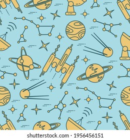 Seamless pattern Vector Illustration Planet Saturn Galaxy constellations Orbital station Radar Space exploration. Astronomy concept Spaceship in universe. Science Huge space Design for app, web, print