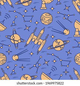 Seamless pattern Vector Illustration Planet Saturn Galaxy constellations Orbital station Radar Space exploration. Astronomy concept Spaceship in universe. Science Huge space Design for app, web, print
