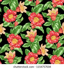 Seamless pattern vector illustration with pomegranate blooming branches with leaves, flowers and fruits in realistic bright colors