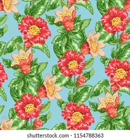 Seamless pattern in vector illustration with pomegranate fruits and flowers in summer ornament graphic illustration
