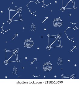 Seamless Pattern. Vector Illustration. Sagittarius Constellation. Sagittarius Zodiac Sign. Horoscope, Star, Planet And Element. 