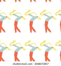 Seamless pattern. Vector illustration with saxophonist. Cartoon character. 