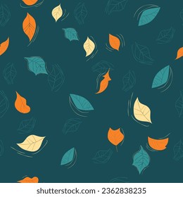 Seamless pattern, vector illustration of scattered leaves in autumn colours in a simple and geometric style