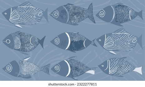 Seamless pattern vector illustration of a school of fish in a geometrical, retro, vintage, midcentury modern, minimal and simple style flat design. In shade of blue avio