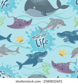 Seamless pattern vector illustration of sea life cartoon