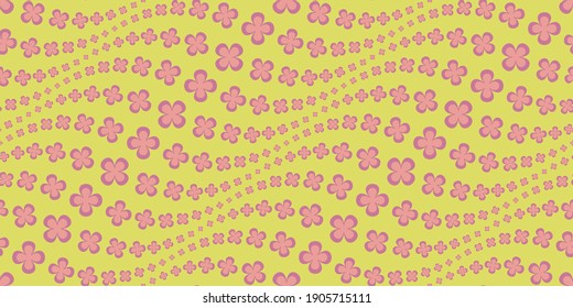 Seamless pattern vector illustration. Shamrocks, pink flowers and yellow background. Dark and light pink colored elements. Simple wavy geometric shamrock shapes. Smooth texture images. Textile design.