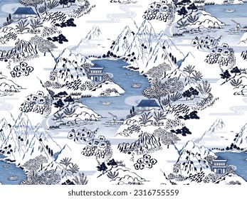 Seamless pattern vector Illustration showing a charming landscape in Old Korea, with a river flowing through the mountains.	