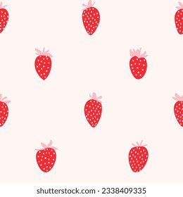 Seamless pattern, vector illustration of simple pink and red wild strawberries in a fun and cute geometrical flat design style