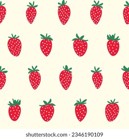 Seamless pattern, vector illustration of simple green and red wild strawberries in a fun and cute geometrical flat design style