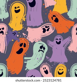 Seamless pattern vector illustration of smiling cartoon ghosts placed. Halloween, Ghost, Ghouls, Wall Art, Gift. Seamless ghost, watercolor, vector for Halloween. Vector Spooky Season.