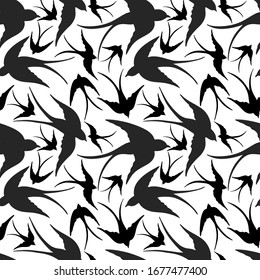 seamless pattern, vector illustration, spring background with swallows in the sky, ornament for wallpaper and fabric, wrapping paper