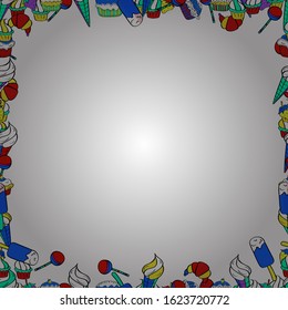 Seamless pattern. Vector illustration. Square frames doodles. Illustration in white, blue and black colors.
